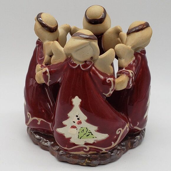 4 Christmas Tree Angels Holding Hands in Circle Stoneware Votive Candle Holder - Picture 2 of 13